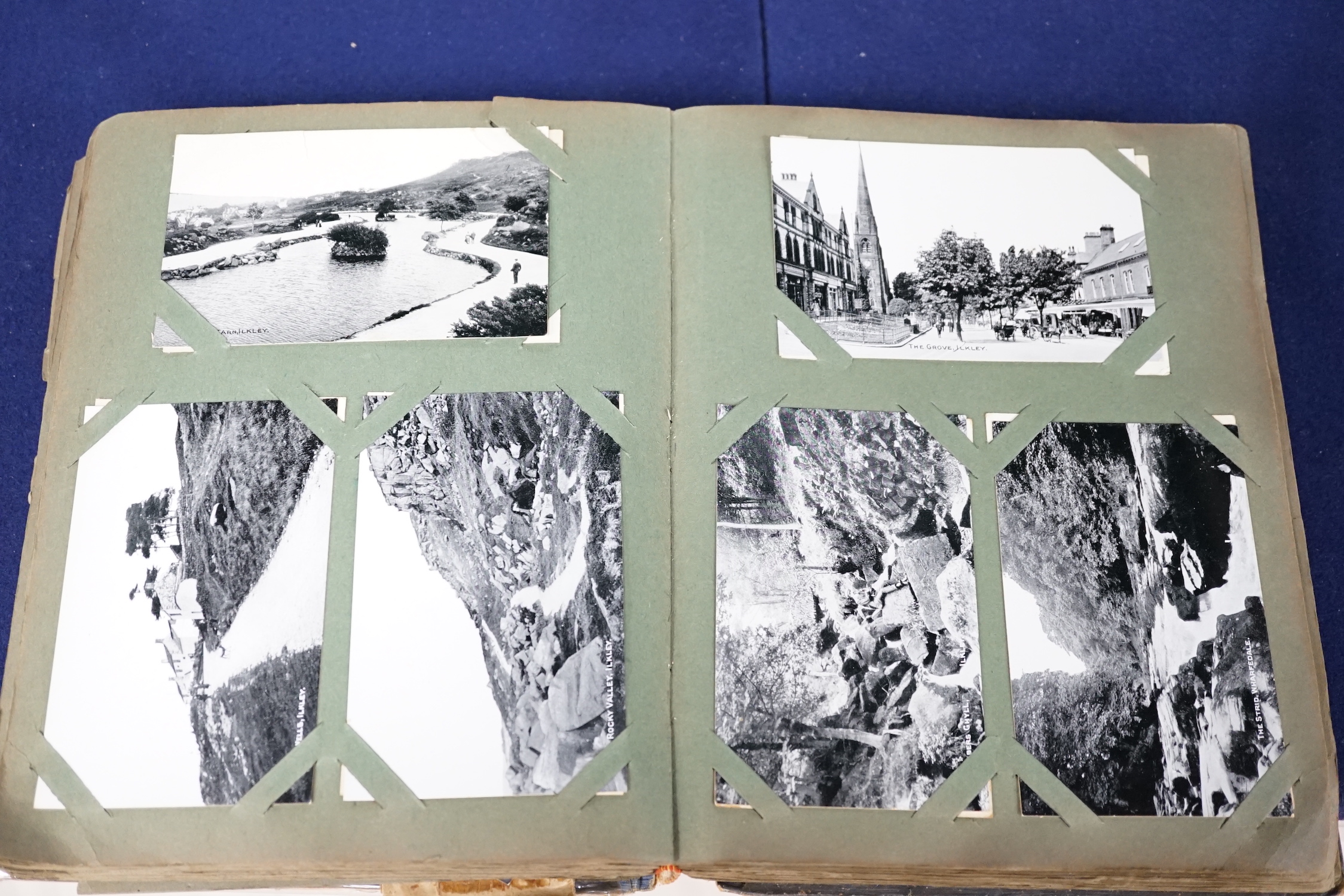 An Edwardian postcard album (c.400), containing a contemporary a post card sent 13.4.1914 of the RMS Lusitania and Maurita